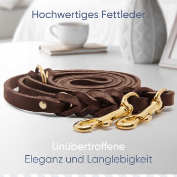 Braune Leder-Hundeleine mit goldenen Verschlüssen, mit dem Text "Hochwertiges Fettleder" und "Unübertroffene Eleganz und Langlebigkeit."