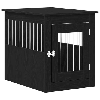 Schwarze Holztierbox mit vertikalen Metallstäben und einer vorderen Türverriegelung.