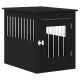Schwarze Holztierbox mit vertikalen Metallstäben und einer vorderen Türverriegelung.