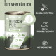 Dose Hundefutter mit einem Etikett, das "100% Fleisch ohne Innereien" zeigt, sowie Zutaten und Fütterungsempfehlungen.