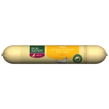 Pâté de poulet adulte Real Nature, avec des asperges et des bettes, emballé dans un tube cylindrique avec un sceau d'ingrédients naturels.