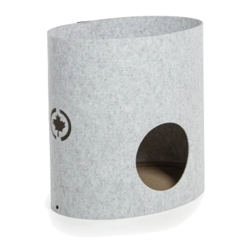 Graues Filzhaustierhaus mit einem runden Eingang und einem gepolsterten Innenraum, mit einem ausgeschnittenen Ahornblatt-Design.