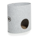 Graues Filzhaustierhaus mit einem runden Eingang und einem gepolsterten Innenraum, mit einem ausgeschnittenen Ahornblatt-Design.