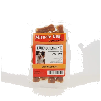 Tüte Miracle Dog Snacks Kauknochen mit Ente, 5 cm, 12 Stück, mit Hundeabbildung und Produktdetails auf Deutsch.