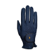 Navyblaue Haustierpflegehandschuh mit einer strukturierten Oberfläche und einem Handgelenkband mit einem goldenen Handlogo.