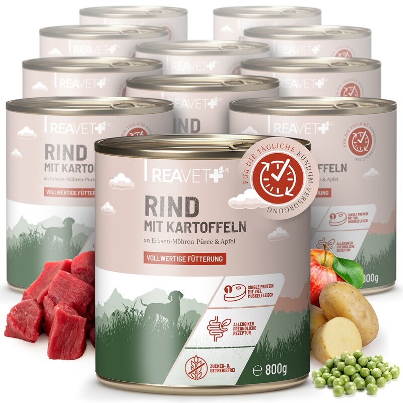REAVET Hundenassfutter - Rind mit Kartoffeln an Erbsen-Möhren-Püree & Apfel | 12 x 800g