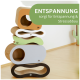 Bunte Kratzbäume für Katzen in verschiedenen Formen mit grünen, weißen, braunen und orangefarbenen Designs und dem Text "ENTSPANNUNG sorgt für Entspannung & Stressabbau."