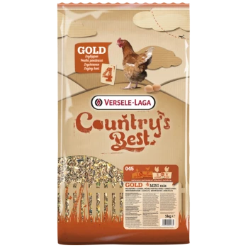 Sachet de nourriture pour poules Versele-Laga « Country's Best » GOLD 4 montrant une poule, deux œufs et l'indication 5 kg.