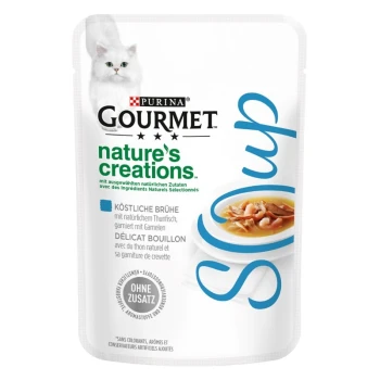 Purina Gourmet Nature's Creations Katzenfutterbeutel mit einer weißen Katze, die "leckere Brühe" und "natürlichen Thunfisch mit Garnelen" präsentiert.
