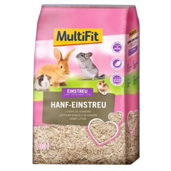 Eine Tüte MultiFit Hanfstreu für kleine Haustiere, die einen Hasen, ein Meerschweinchen, einen Hamster und eine Maus zeigt, mit "Einstreu" und Herzdesign.