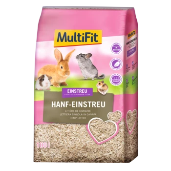 A bag of MultiFit hemp litter for small pets, showing a rabbit, guinea pig, hamster, and mouse, with "Einstreu" and heart design.