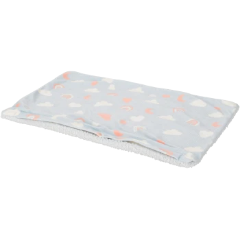 A soft pet blanket featuring a light blue background with colorful hearts, rainbows, and clouds patterns, ideal for pets.