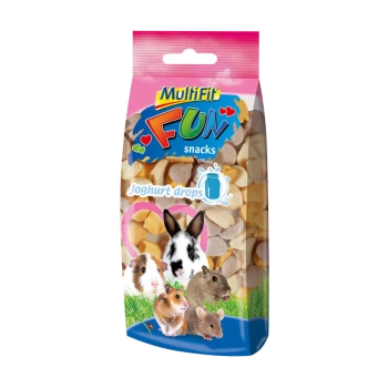Bunte Verpackung von Multifit Fun Snacks mit Joghurtstückchen für Kleintiere, mit Bildern eines Kaninchens, Meerschweinchens, Hamsters und einer Maus.