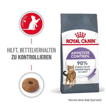 Royal Canin Appetite Control Katzenfutterbeutel mit einer Katzen-Grafik und dem Text: "90% der Besitzer berichteten von kontrolliertem Betteln in 4 Wochen."