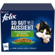 Felix Katzenfutterbox mit einer schwarz-weißen Katze, deutschem Text und einem Teller mit Fleischstücken in Gelee.