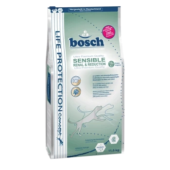 Bosch Sensible Renal & Reduction Hundefutterbeutel, 11,5 kg, mit 13,3% Protein, 9,5% Fett und Nieren-/Leberunterstützungsansprüchen.
