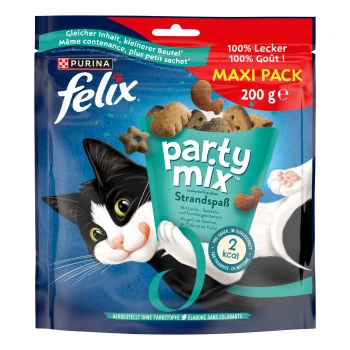 Bunte Verpackung von Purina Felix Party Mix mit einer verspielten schwarz-weißen Katze, beschriftet mit "MAXI PACK 200 g" und mit deutschem Text.