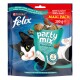 Bunte Verpackung von Purina Felix Party Mix mit einer verspielten schwarz-weißen Katze, beschriftet mit "MAXI PACK 200 g" und mit deutschem Text.