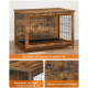 Robuste Haustierbox mit einem Holztop, schwarzen Metallstäben und Text, der ihren verstärkten Stahlrahmen und das stilvolle, langlebige Design hervorhebt.