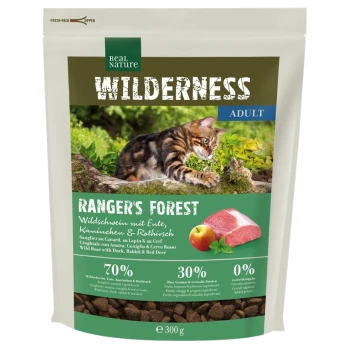 Sac de nourriture pour chat étiqueté "Wilderness Adult Ranger's Forest," montrant un chat joueur, avec 70 % de viande et 30 % de fruits/légumes, sans céréales.