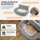 Ein gemütliches graues Katzenbett mit einem weichen Rand und einer orangefarbenen Katze darin. Textausschnitte: "Unglaublich kuschelig," "Stabil bis 12 kg," "Waschbar bei 30°C."