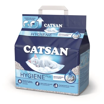 Hygiene Streu 10 l Blaue und weiße Catsan Hygiene Plus Katzenstreu Verpackung, die eine schlafende weiße Katze zeigt und die Geruchsabsorption und natürlichen Inhaltsstoffe hervorhebt.