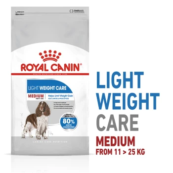 Light Weight Care Medium 3 kg Royal Canin Light Weight Care dog food bag, designed for medium dogs (11-25 kg), features a dog illustration and claims to help limit weight gain.