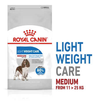 Royal Canin Light Weight Care dog food bag, designed for medium dogs (11-25 kg), features a dog illustration and claims to help limit weight gain.