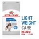 Royal Canin Light Weight Care dog food bag, designed for medium dogs (11-25 kg), features a dog illustration and claims to help limit weight gain.
