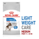 Royal Canin Light Weight Care dog food bag, designed for medium dogs (11-25 kg), features a dog illustration and claims to help limit weight gain.