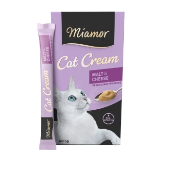 Emballage de Miamor Cat Cream mettant en avant un chat blanc aux yeux bleus, étiqueté "Malt & Cheese", promouvant le soutien digestif.