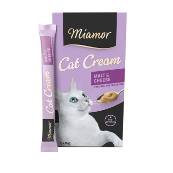 Miamor Cat Cream Verpackung mit einer weißen Katze mit blauen Augen, beschriftet mit "Malt & Cheese", zur Förderung der Verdauungsunterstützung.