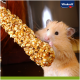 Un mignon hamster doré tenant une grande friandise couverte de graines, avec le logo Vitakraft visible dans le coin.