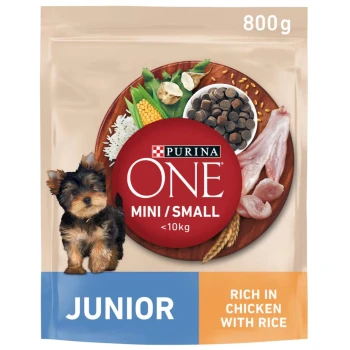 Purina ONE Junior dog food bag featuring a small dog, with a red circle stating "MINI/SMALL <10kg" and "RICH IN CHICKEN WITH RICE."