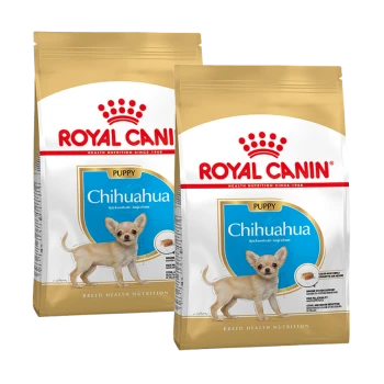 Zwei Tüten Royal Canin Chihuahua Welpenfutter, mit einem kleinen Chihuahua-Welpen auf der Verpackung, gekennzeichnet für Welpen bis zu 8 Monaten.