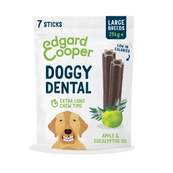 Doggy Dental Apfel & Eukalyptus Edgard Cooper Doggy Dental-Sticks für große Rassen, 7 pro Packung, mit einem lächelnden Hund und Text: "Extra lange Kaudauer" und "Kalorienarm."