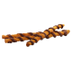 Verdrehte Hundekauartikel mit einer goldbraunen Außenseite und einer dunkelschokoladenähnlichen Beschichtung, ideal als Haustierleckerei.