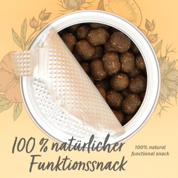 Eine Dose mit dunklen braunen Haustier-Snacks mit einem strukturierten Deckel, beschriftet mit "100% natürlicher Funktionssnack" und "100% natural functional snack."