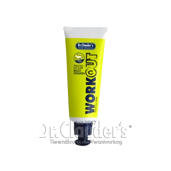 Dr. Clauder's Workout-Röhre für Hunde, mit einem leuchtend gelben Design und dem Text "WORKOUT" und "Natürlich Lecker Multi Vitamin."
