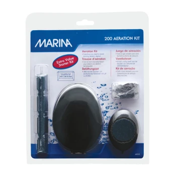Verpackung des Marina 200 Belüftungskits mit einem Belüftungsgerät, Luftstein und Zubehör, mit Text in Englisch, Französisch und Deutsch.