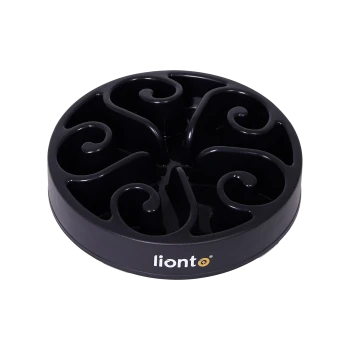 Schwarze langsame Fressschüssel mit wirbelnden Fächern, gebrandet mit dem "lionto"-Logo, entworfen für die Fütterung von Haustieren.