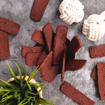Eine schwarze Schüssel, gefüllt mit rechteckigen Hundeleckerlis, umgeben von verstreuten Leckerlis, einer kleinen grünen Pflanze und zwei weißen Seilspielzeugen auf einer grauen Oberfläche.