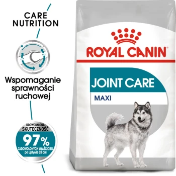 Torba karmy dla psów Royal Canin Joint Care Maxi z ilustracją syberyjskiego husky, z tekstem podkreślającym wsparcie stawów i 97% satysfakcji właścicieli.