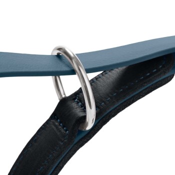 Nahaufnahme eines blauen Lederhalsbands mit schwarzem gepolstertem Innenfutter, blauer Naht und silbernem D-Ring.