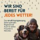 Ein glücklicher Hund sitzt neben einer Person in Outdoor-Bekleidung. Der Text lautet: "WIR SIND BEREIT FÜR JEDES WETTER!" und bewirbt das nimo® Spray zum Regenschutz.