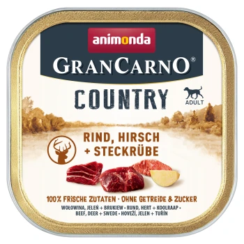 Ein Bild einer Haustierfutterdose mit 'Animonda GranCarno Country' für Erwachsene, mit Zutaten wie Rindfleisch, Reh und Rübe.