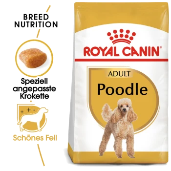 Royal Canin Adult Poodle Hundefutterbeutel mit einer Pudelillustration, mit Text, der die rassespezifische Ernährung und das Kibble-Design hervorhebt.