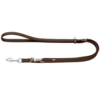 Braune Leder-Hundleine mit silbernem Drehverschluss, verstellbaren Ringen und kleinem silbernen Anhänger mit unleserlicher Beschriftung.