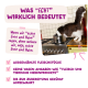 Katze auf Küchenarbeitsplatte schnuppert an einem Topf; rosa Panel mit Aufschrift "WAS \"ECHT\" WIRKLICH BEDEUTET" und Erwähnung 'echte Ente und Huhn'.