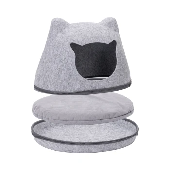 - Katzenohren Katzenhaus aus Filz Grau gefilztes Katzenbett mit einem Katzenohrdesign, das ein abnehmbares Kissen und einen runden Eingang hat.